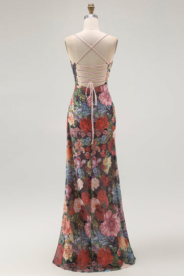 Vestido de invitada de boda fruncido floral con tirantes finos de vaina con encaje en la espalda